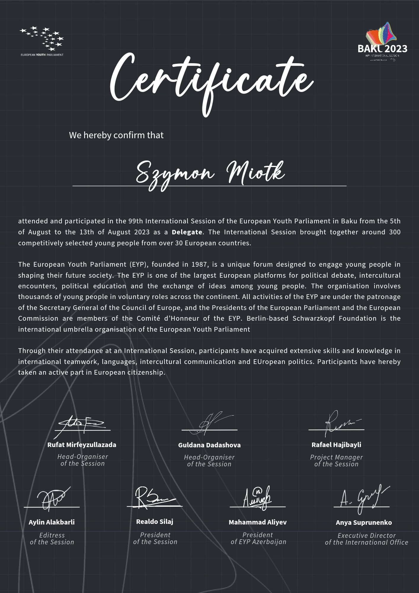 Certificado de delegado · 99.ª Sesión Internacional, Bakú 2023