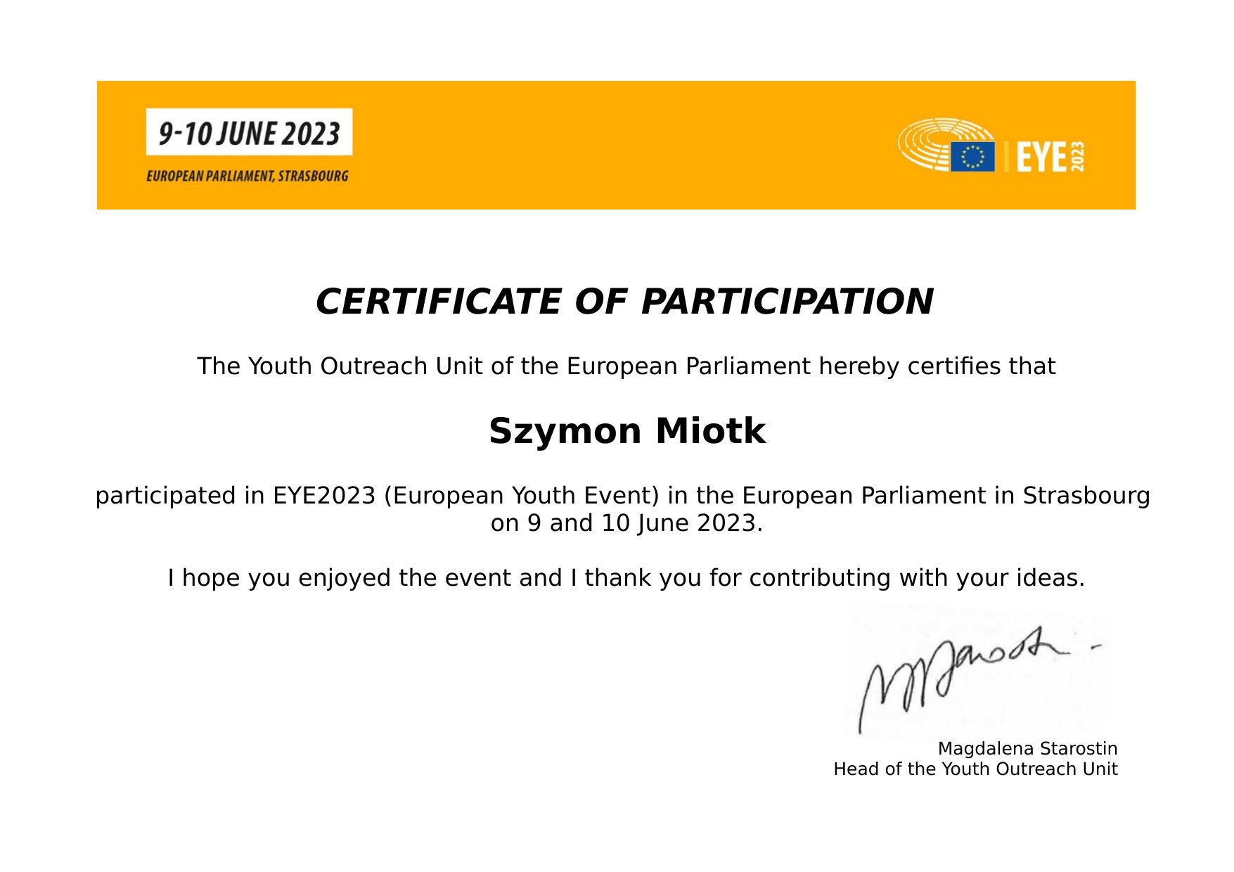 Certificado de participación del Parlamento Europeo en EYE2023 para Simon Miotk