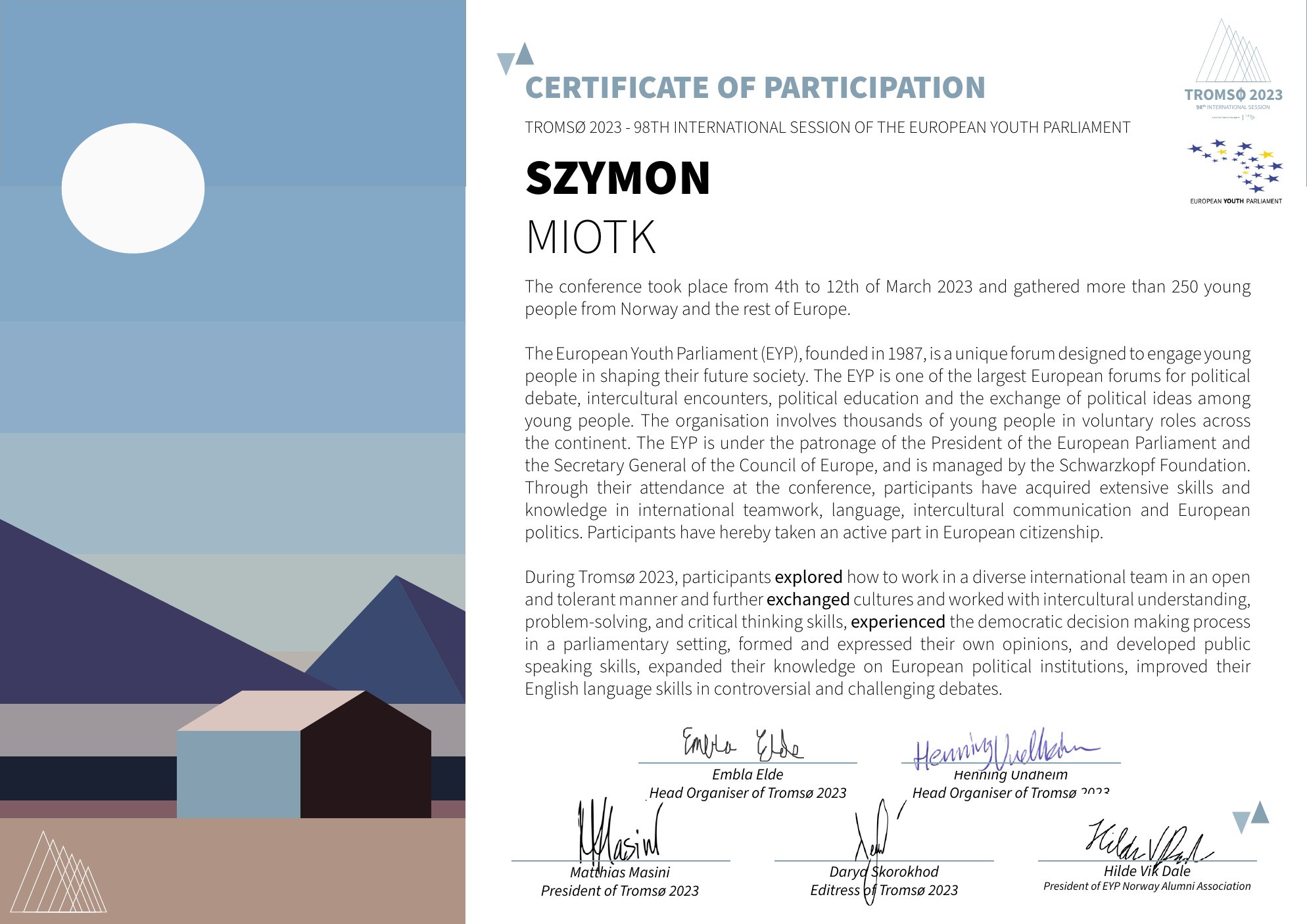 Certificado de participación · 98.ª Sesión Internacional, Tromsø 2023