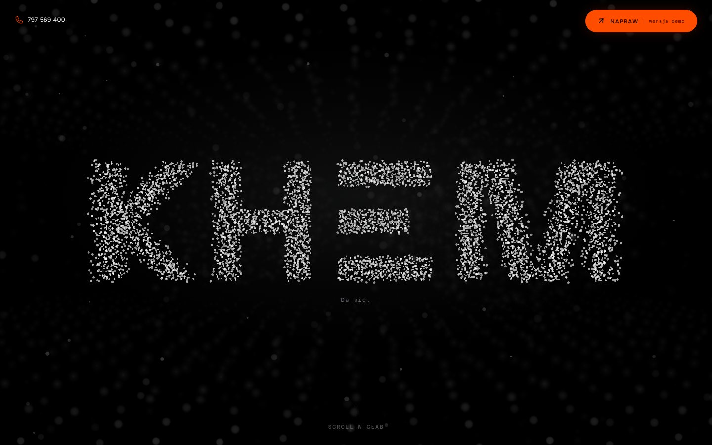 KHEM 网站,黑色背景上的粒子状文字商标